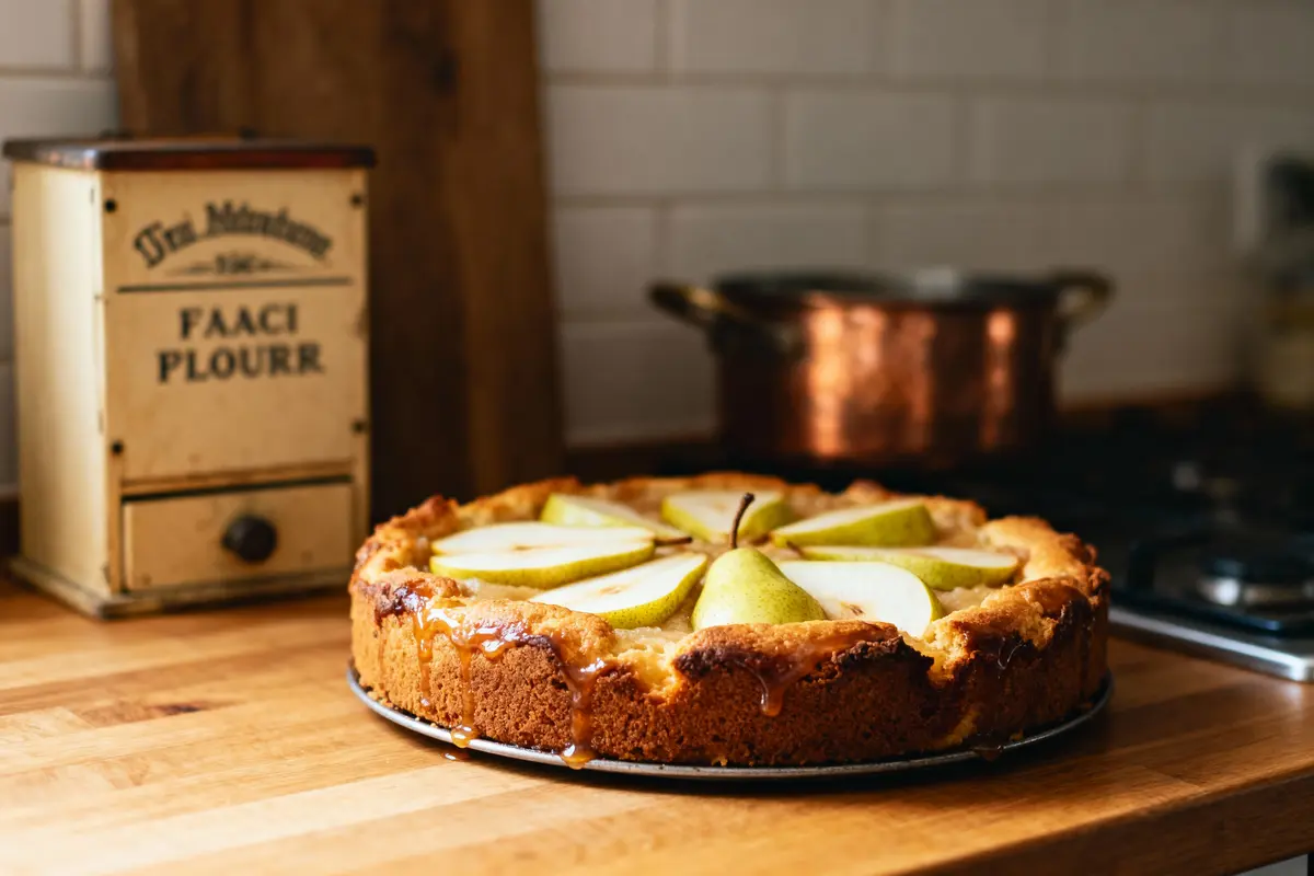 pexels-michal-pech-213601-757318 (1) Tarte aux poires sur plan de travail en bois, avec boîte de farine et casserole en arrière-plan.
