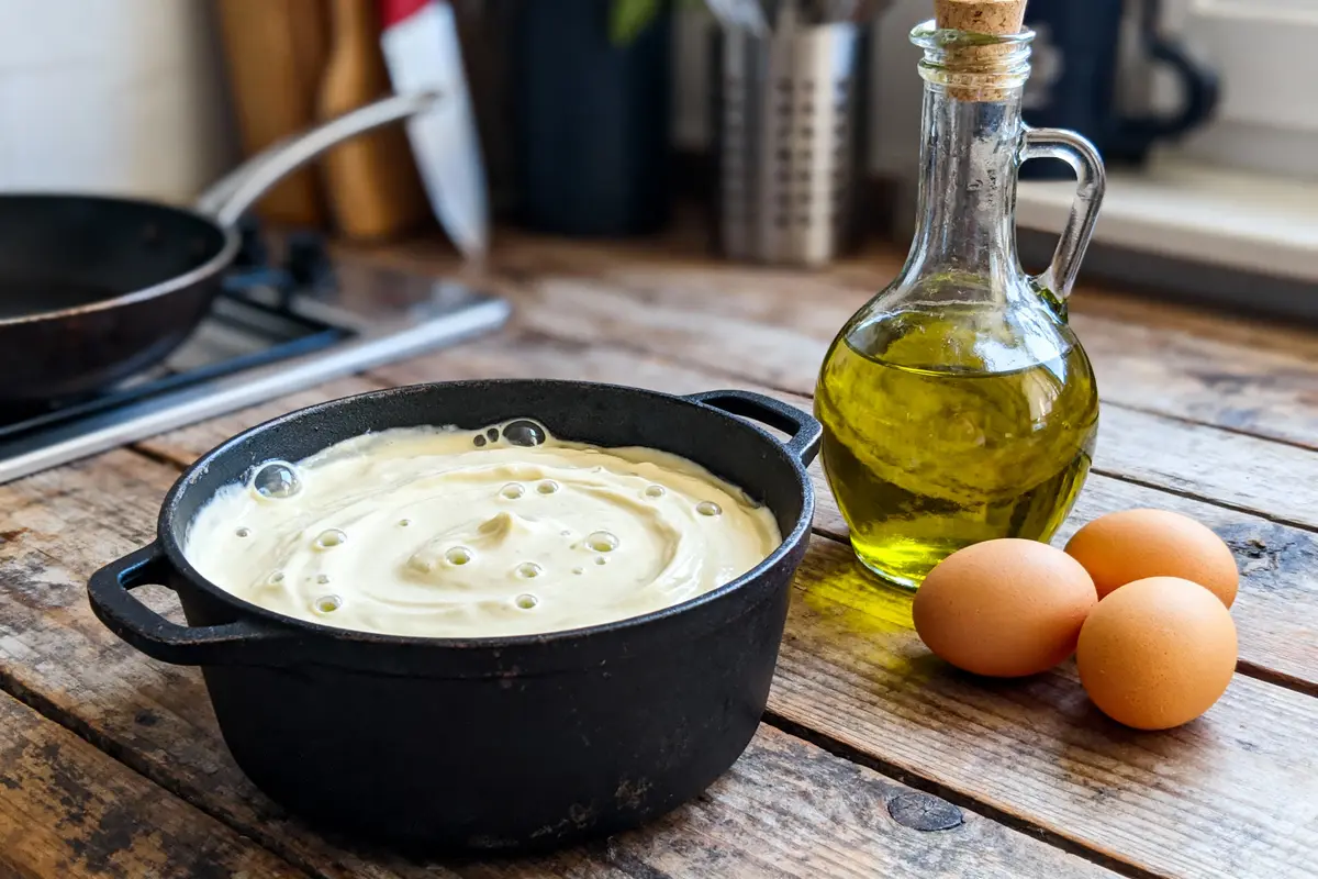 pexels-michal-pech-213601-757318 (1) Casserole de pâte, bouteille d'huile d'olive, trois œufs sur table en bois rustique, cuisine en arrière-plan.