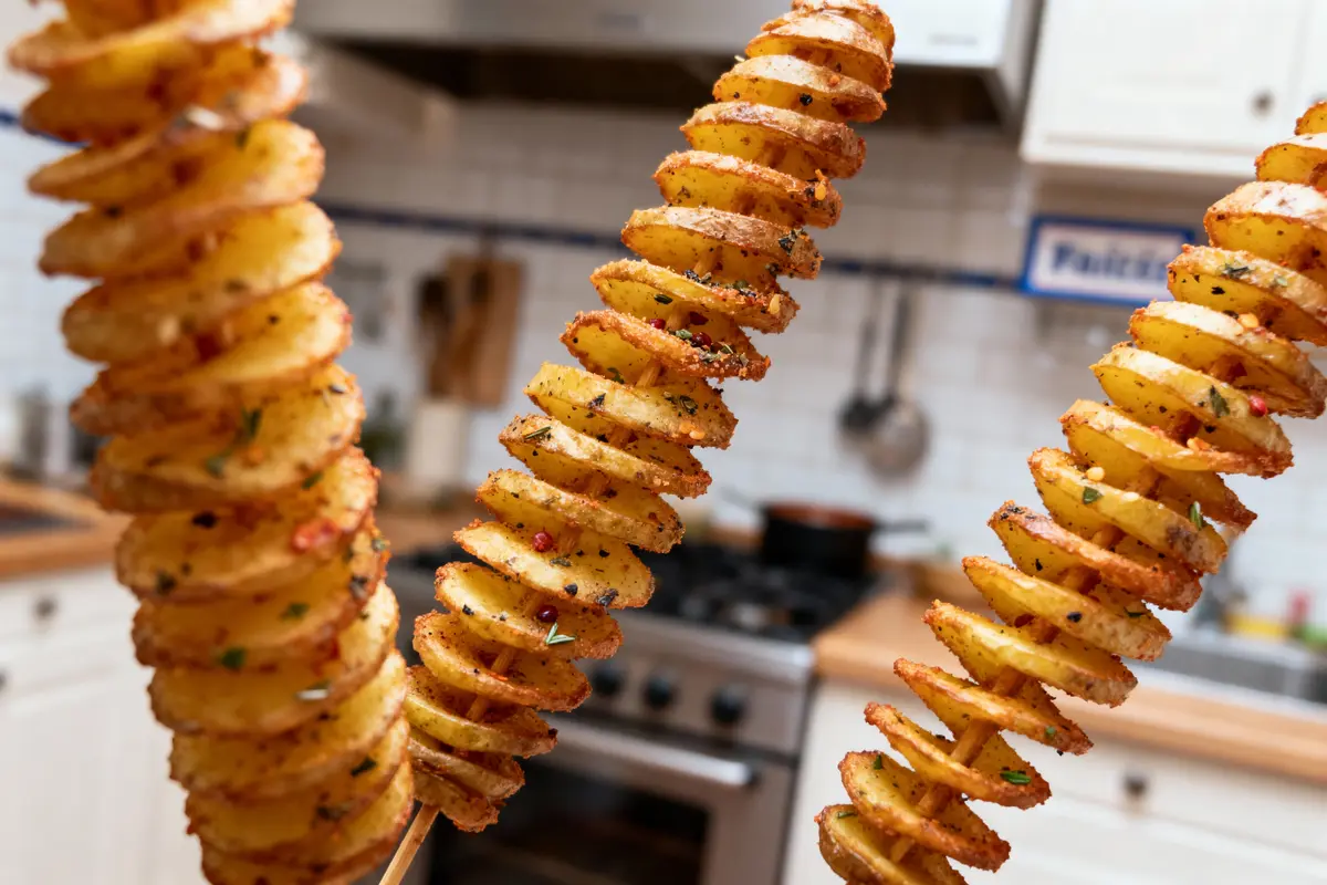 Tranches de pommes de terre en spirale sur brochettes, épicées, cuisine rustique en arrière-plan.