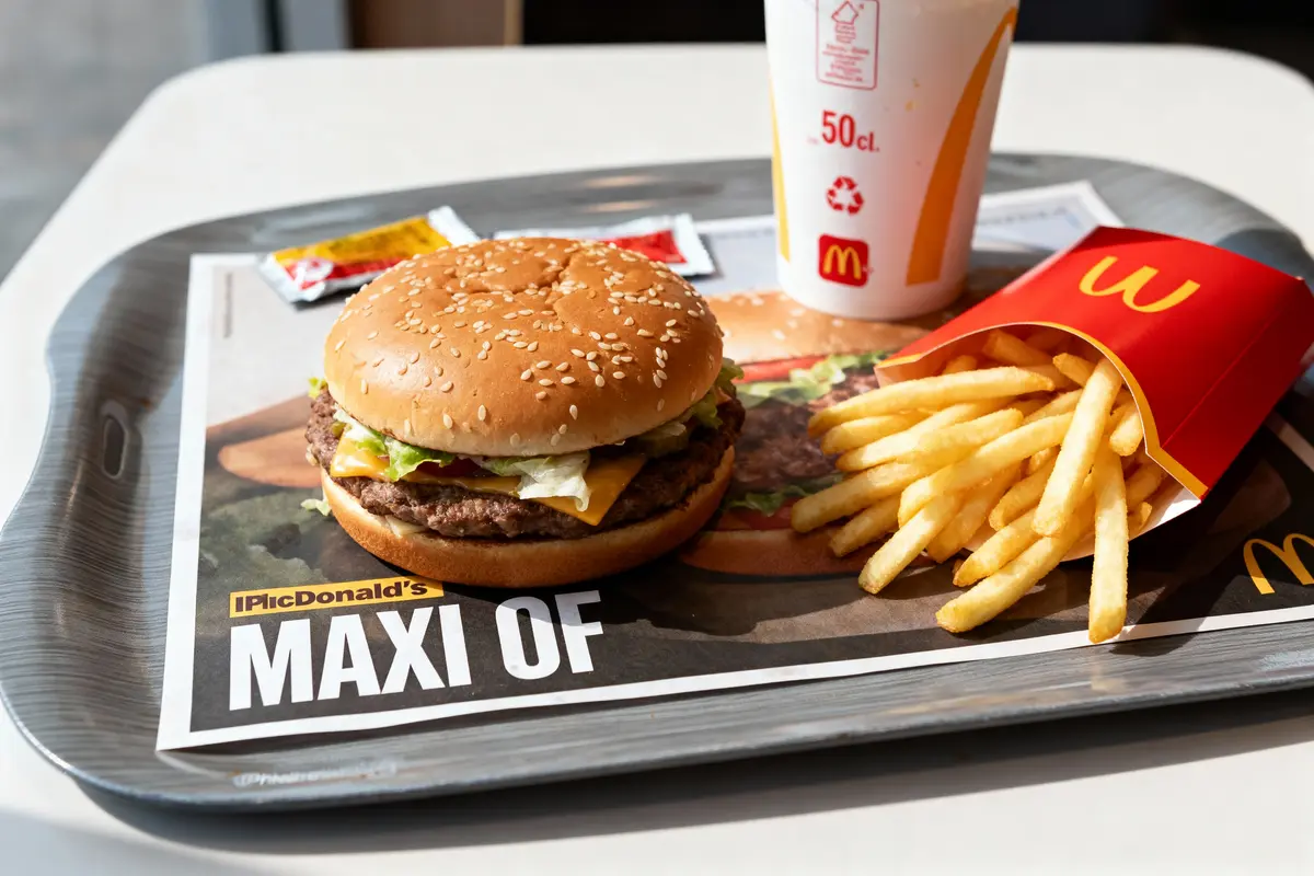 pexels-michal-pech-213601-757318 (1) Plateau McDonald's avec hamburger, frites, boisson et sauces sur table.