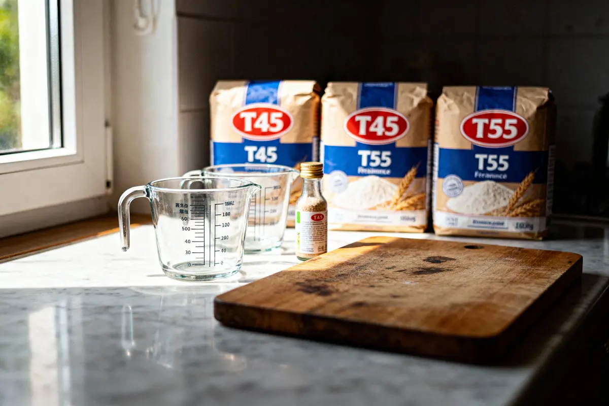 pexels-michal-pech-213601-757318 (1) Measuring cups, cutting board, and T45, T55 flour bags on marble countertop near window.