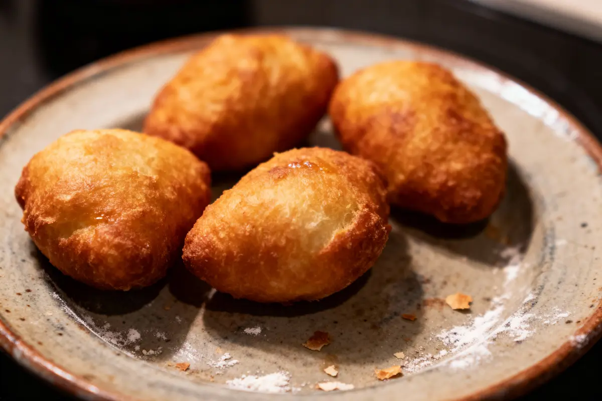 Quatre beignets dorés, croustillants, reposent sur une assiette en céramique grisâtre. Crumbes visibles autour.