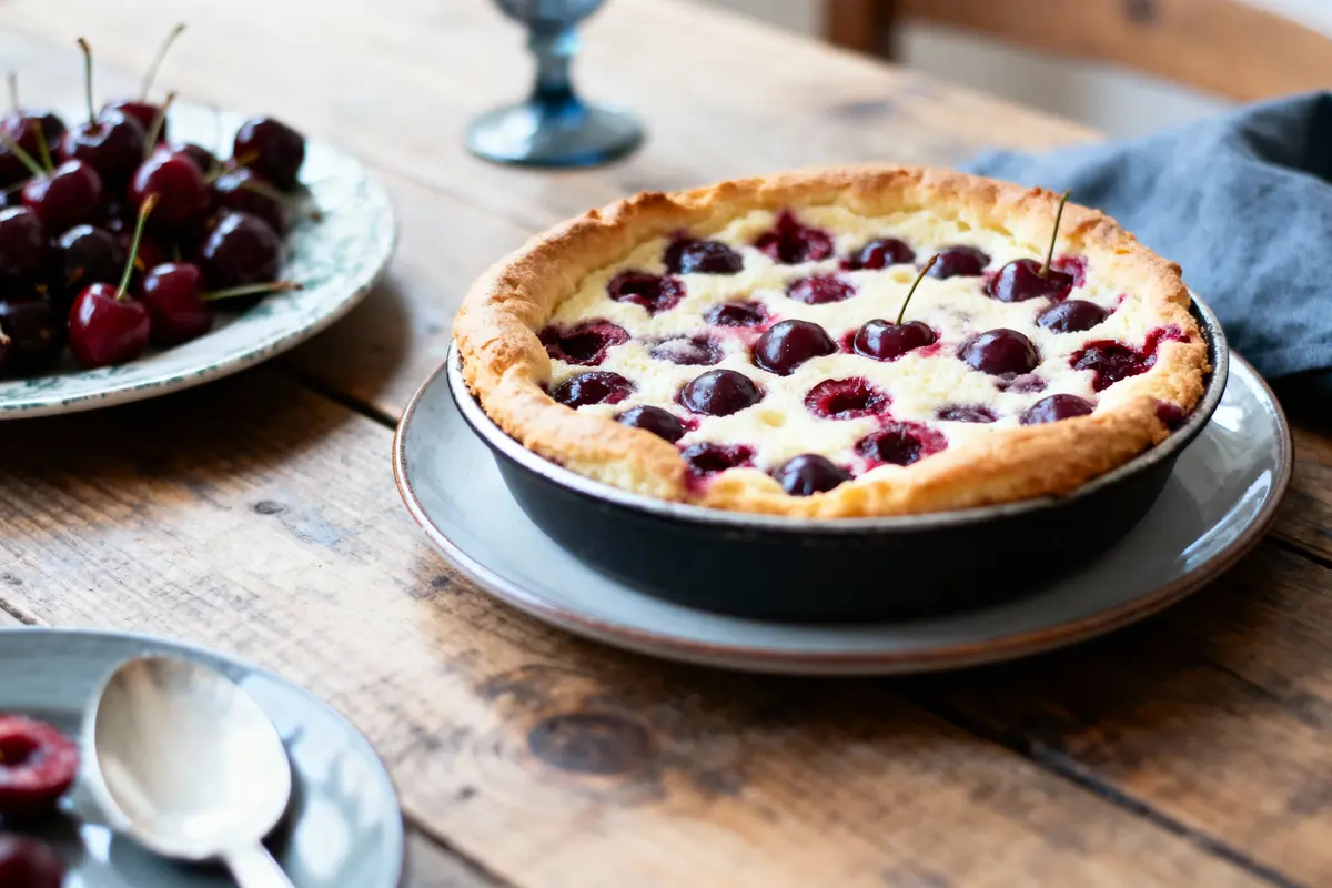 Tarte aux cerises sur table en bois, assiette de cerises à côté, ambiance rustique et chaleureuse.
