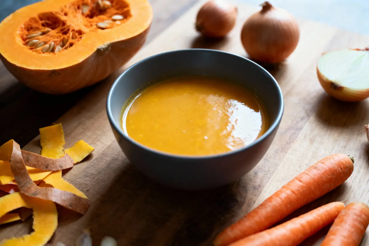 pexels-michal-pech-213601-757318 (1) Bol de soupe à la citrouille entouré de courge, oignons, carottes et épluchures sur table en bois.