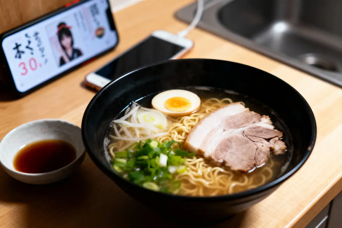 Bol de ramen avec porc, œuf, oignons verts, près d'un smartphone et une petite coupelle de sauce.
