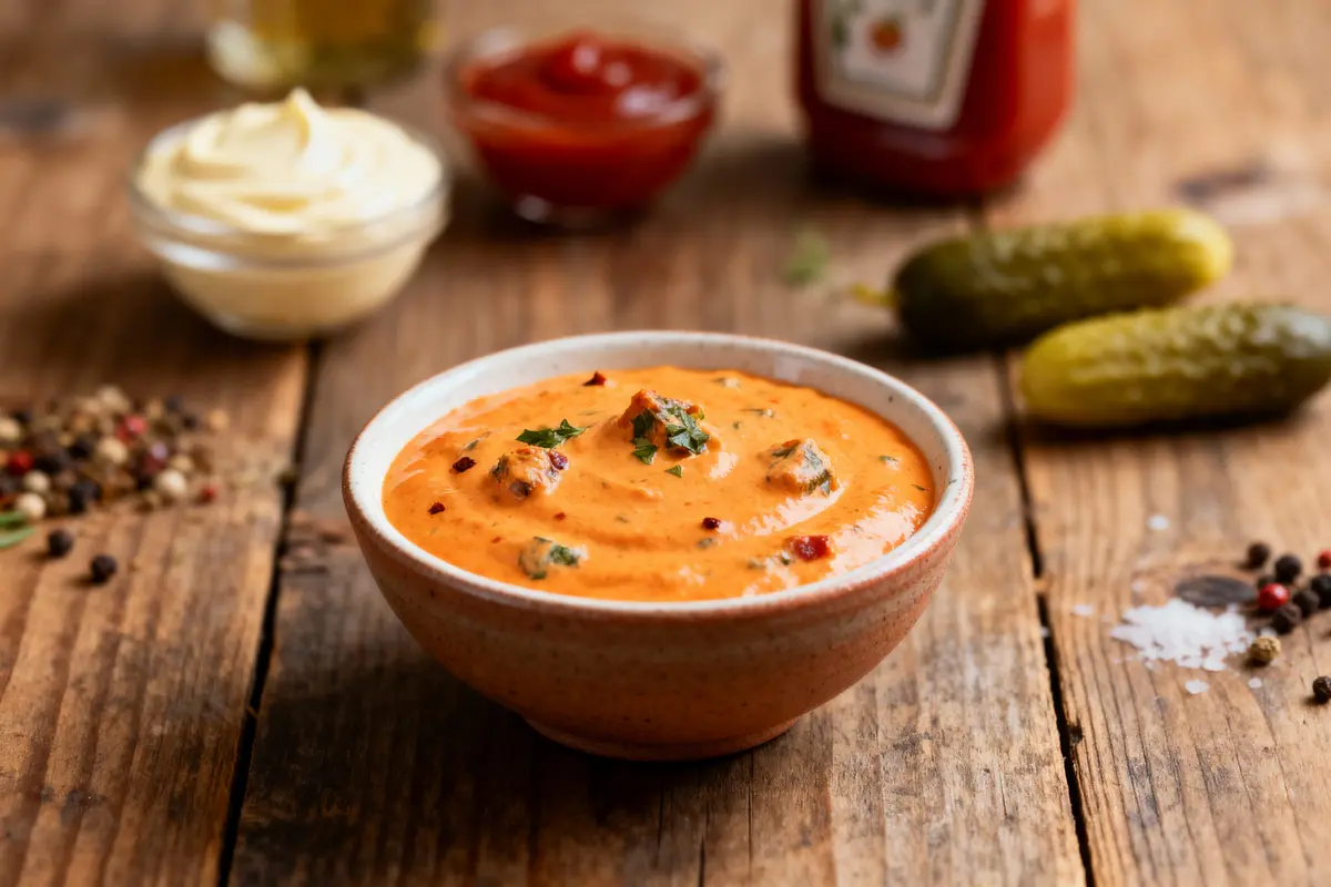 pexels-michal-pech-213601-757318 (1) Bol de sauce épicée orange sur table en bois, à côté de cornichons et condiments.