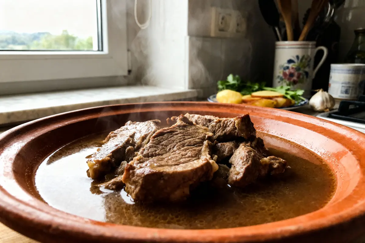 pexels-michal-pech-213601-757318 (1) Assiette en terre cuite avec viande fumante en sauce, vue depuis la cuisine près d'une fenêtre.
