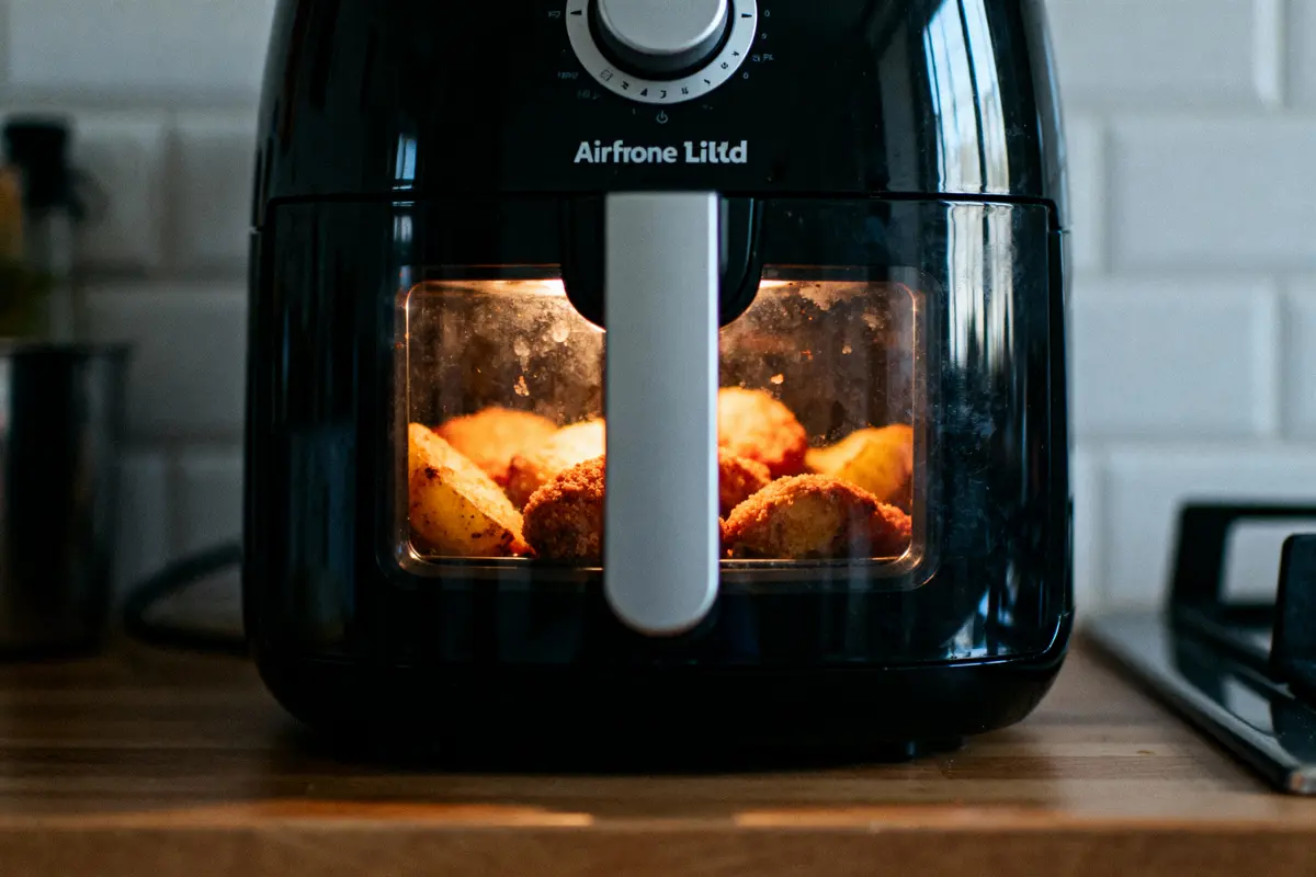 pexels-michal-pech-213601-757318 (1) Friteuse à air avec des aliments cuisant à l'intérieur, posée sur un plan de travail en bois.