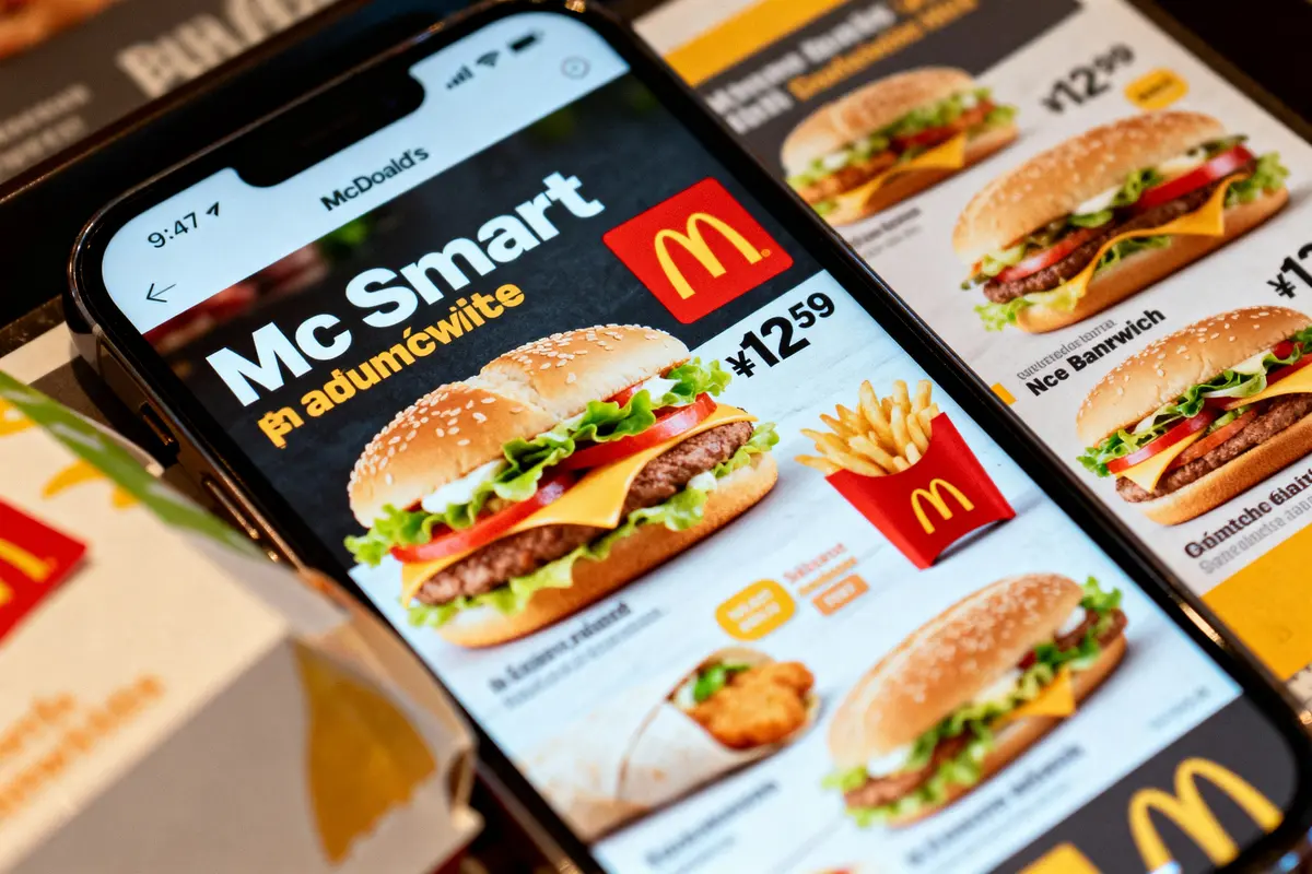 Smartphone affichant un menu McDonald's avec burgers et frites, offre promotionnelle visible à l'écran.
