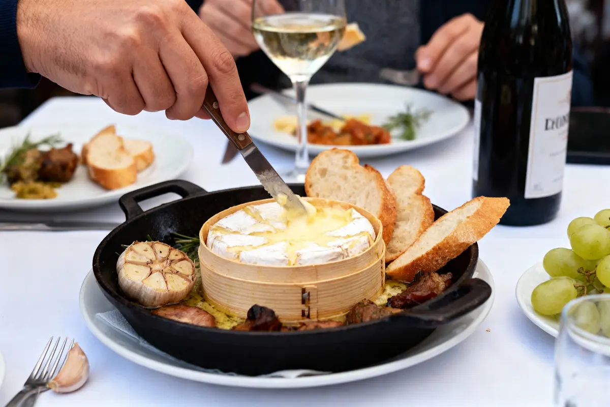 pexels-michal-pech-213601-757318 (1) Personne coupant du fromage fondu, entouré de pain, ail et vin, sur une table de restaurant.