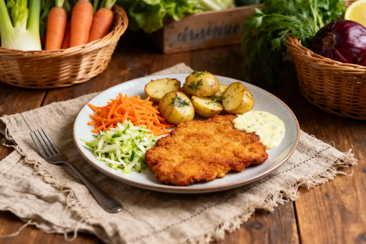 pexels-michal-pech-213601-757318 (1) Assiette avec escalope panée, pommes de terre, carottes râpées, courgettes et sauce. Légumes environnants, fourchette à côté.