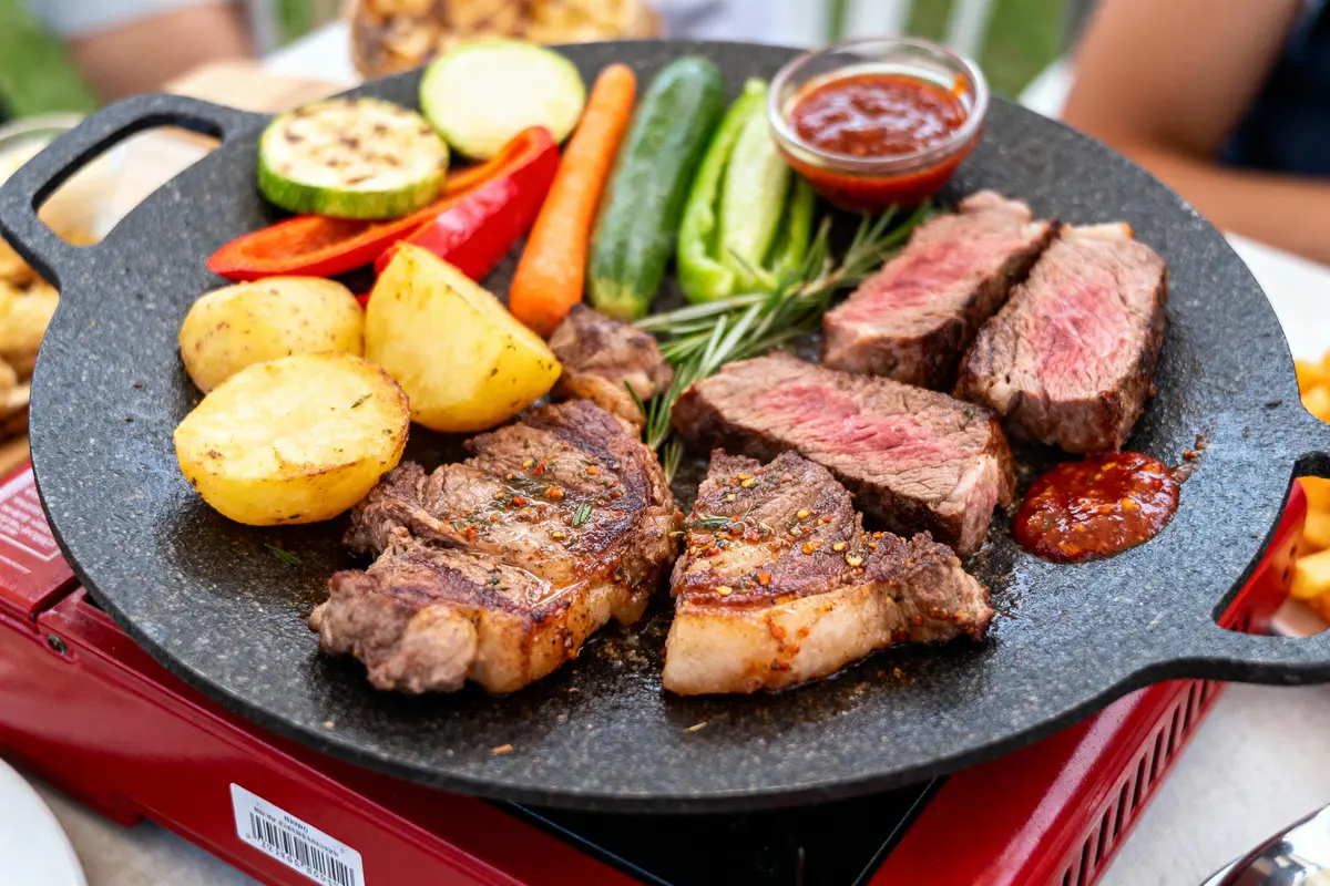 Assiette composée de steak grillé, légumes variés et pommes de terre, servie avec sauce rouge.
