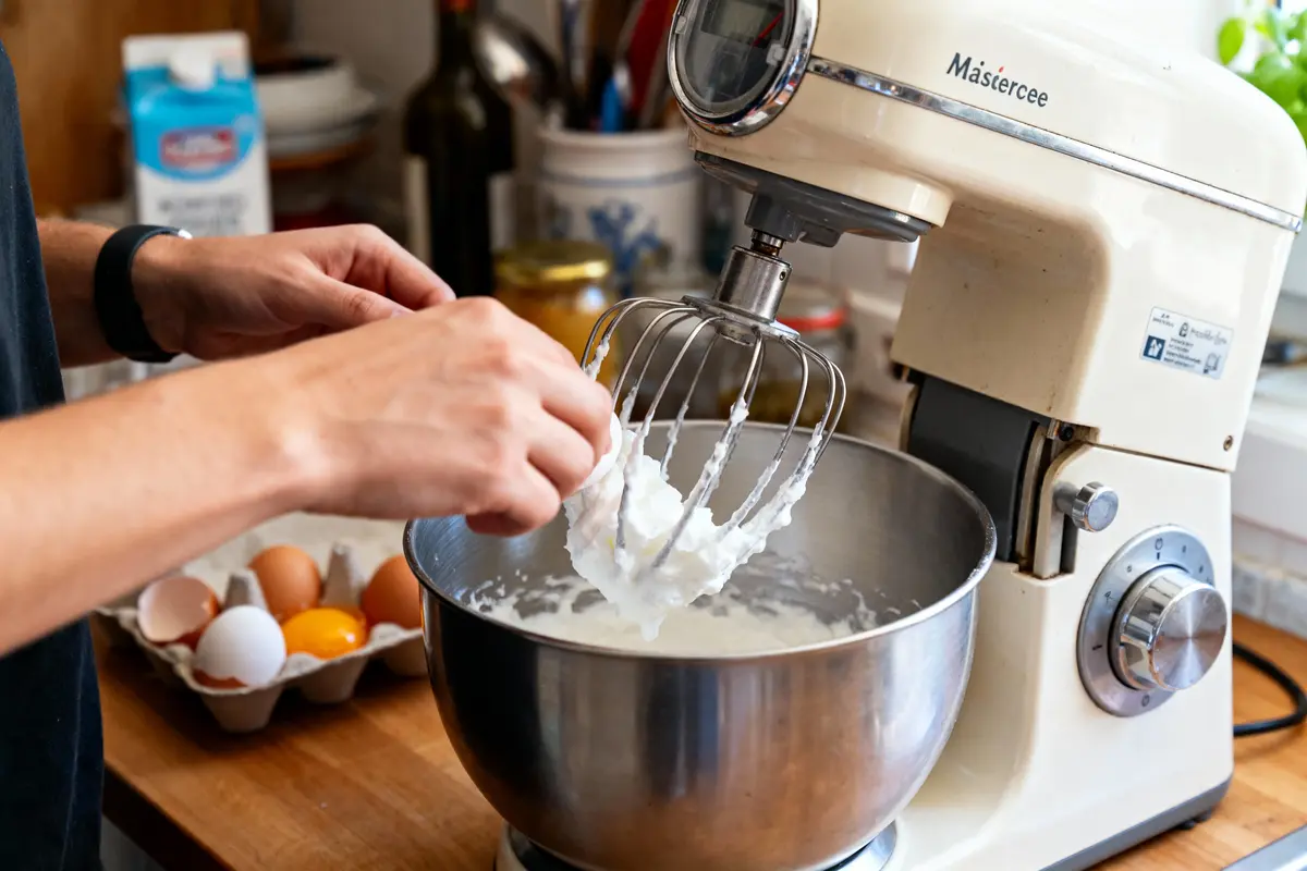 pexels-michal-pech-213601-757318 (1) Personne fouettant des blancs d'œufs avec un batteur sur socle en cuisine, ingrédients en arrière-plan.