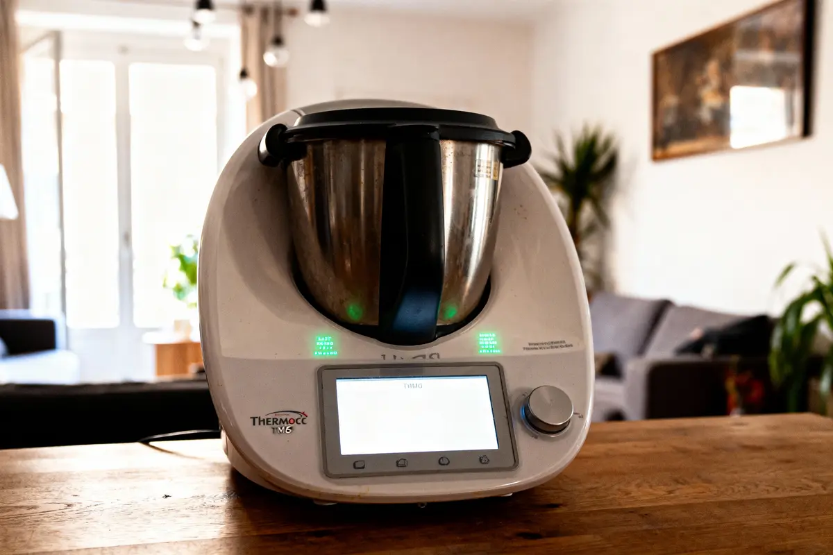 Robot culinaire Thermomix TM6 sur une table, intérieur de maison en arrière-plan lumineux.