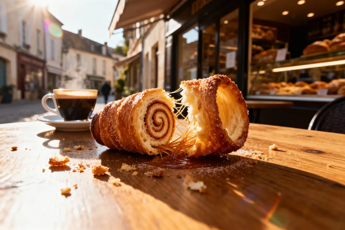 Pâtisserie croustillante et café chaud sur table extérieure ensoleillée devant une boulangerie. Rue charmante en arrière-plan.