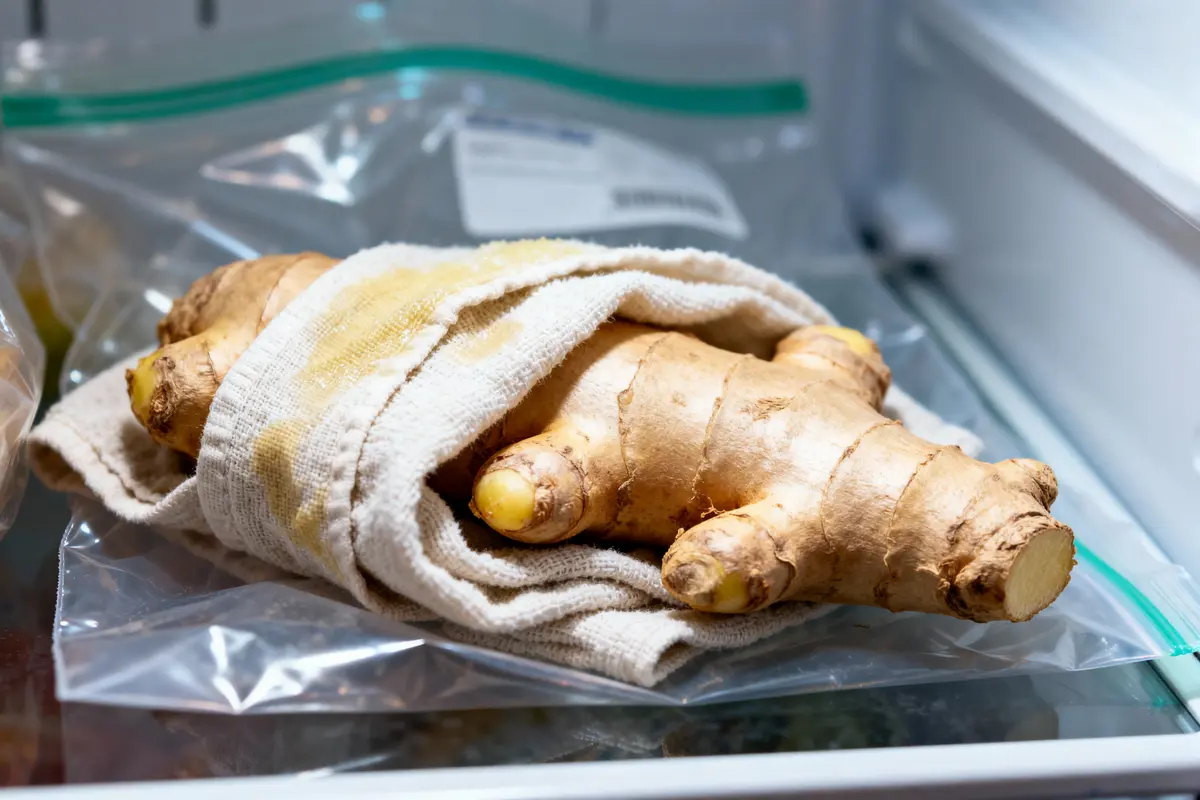 Gros plan d'une racine de gingembre enveloppée dans un linge, placée dans un réfrigérateur.
