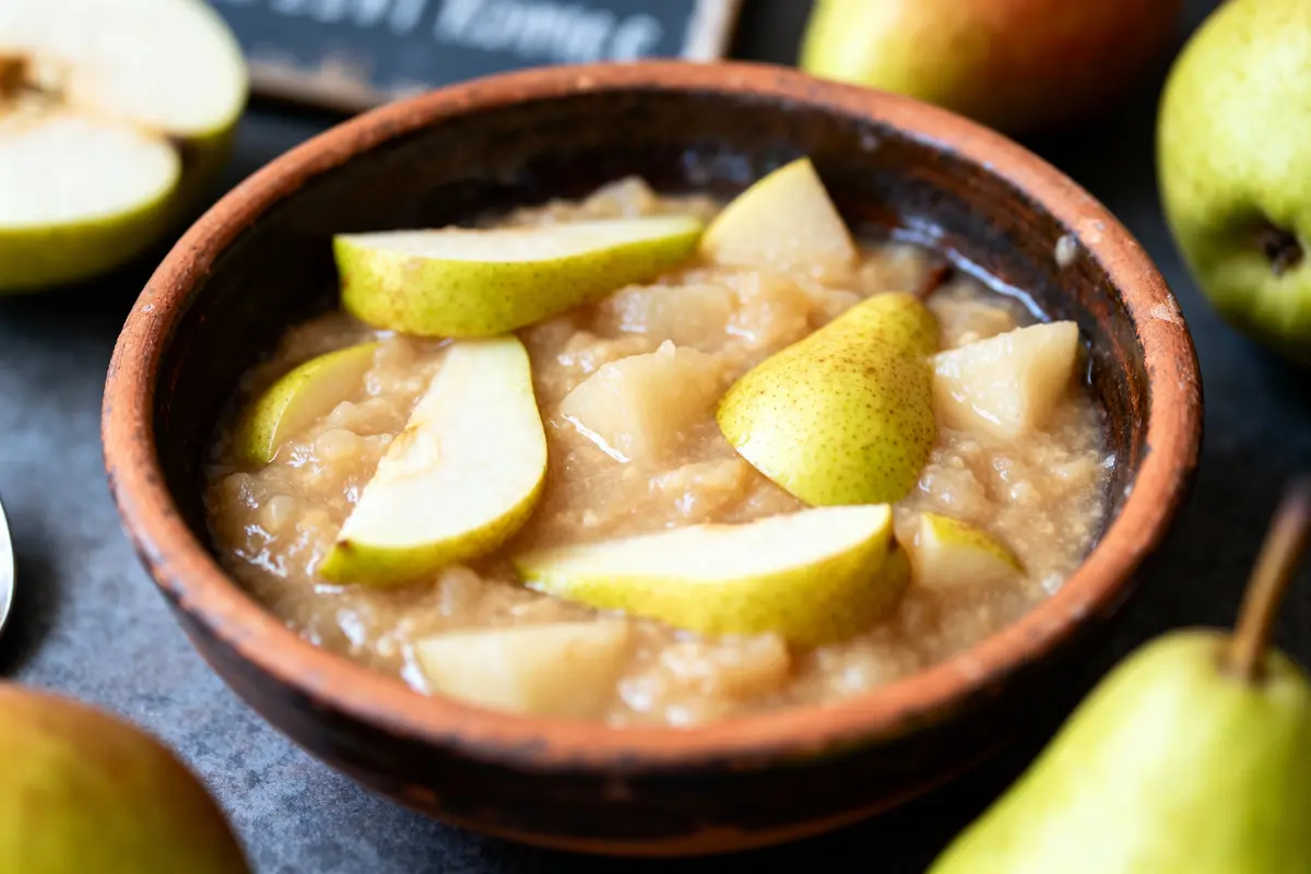 pexels-michal-pech-213601-757318 (1) Bol de compote de poires avec tranches de poires fraîches dans un récipient en céramique.