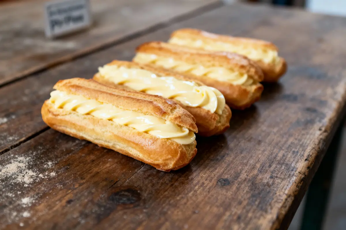 pexels-michal-pech-213601-757318 (1) Quatre éclairs à la crème pâtissière, alignés sur une table en bois, vue en gros plan.