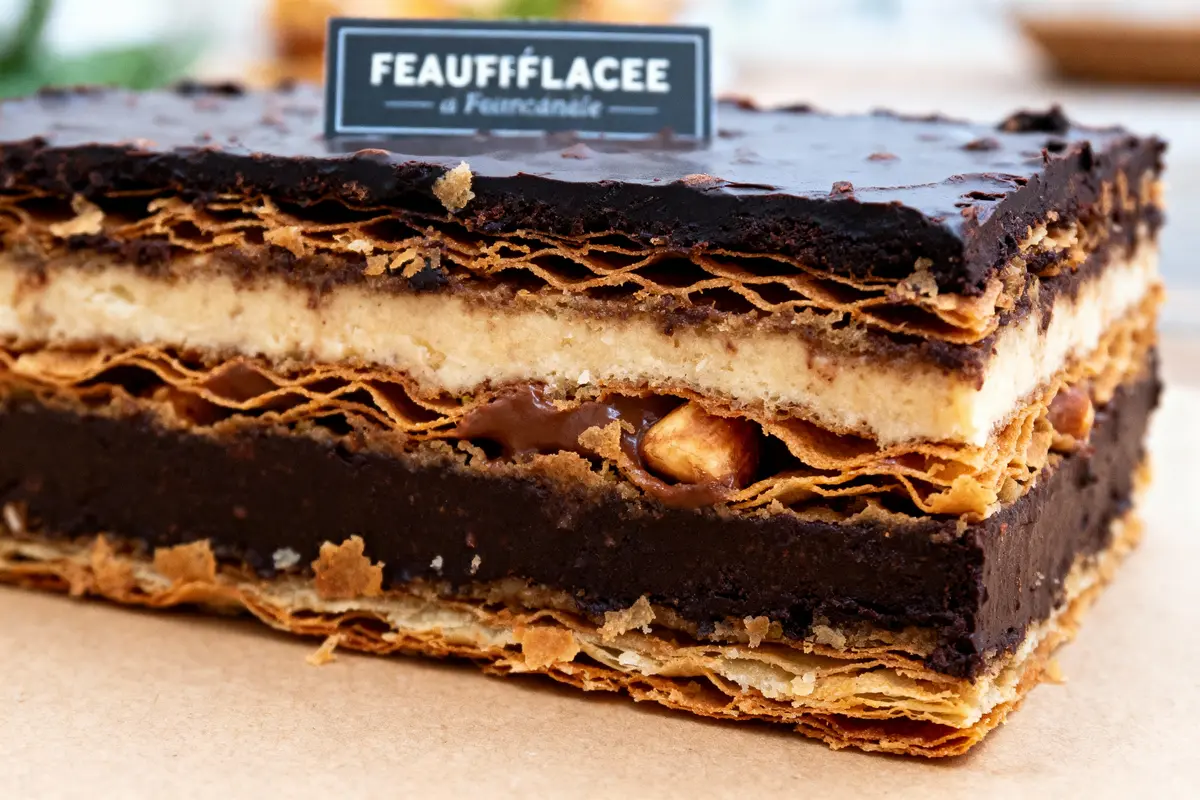 pexels-michal-pech-213601-757318 (1) Pâtisserie multi-couches chocolat et crème, inscrite "Feaufflacée à Feursanto", vue de près.