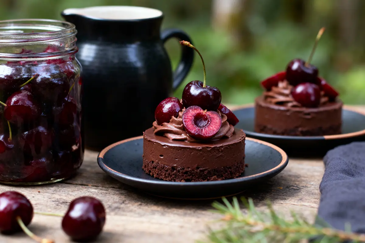 Tartelette au chocolat garnie de cerises, pot de cerises, carafe noire en arrière-plan sur table bois.