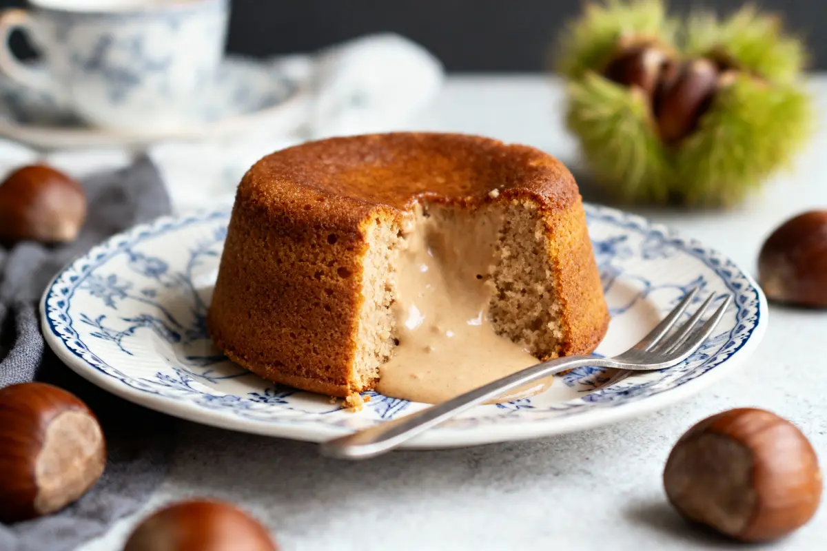 Gâteau fondant à la châtaigne sur assiette decorative, entouré de châtaignes, avec fourchette en métal.
