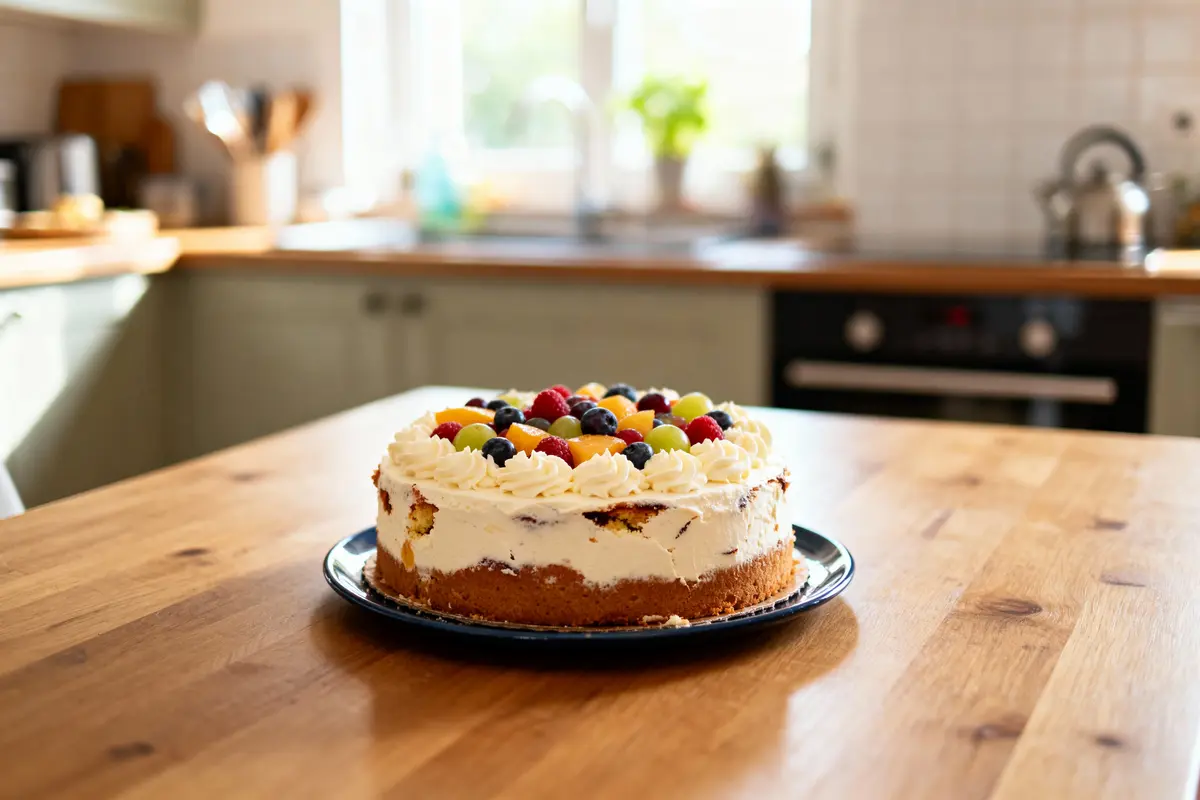 pexels-michal-pech-213601-757318 (1) Gâteau à la crème et fruits sur assiette bleue, posé sur table en bois dans une cuisine ensoleillée.