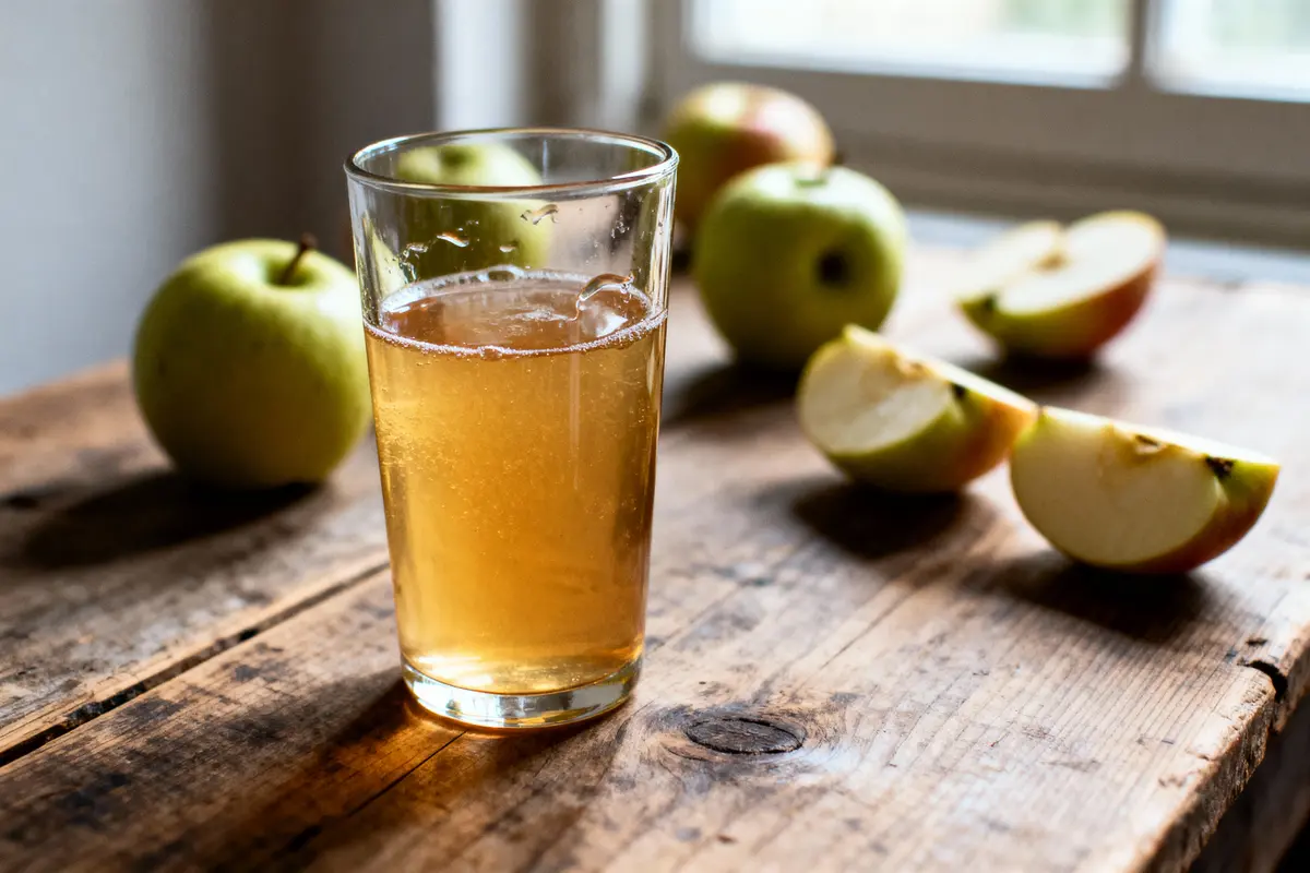 Verre de jus de pomme pétillant sur table en bois avec pommes entières et tranchées en arrière-plan.