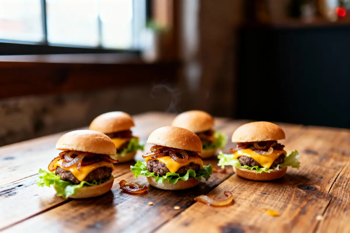 Cinq mini-burgers avec fromage, salade et oignons caramélisés sur une table en bois. Fenêtre en arrière-plan.