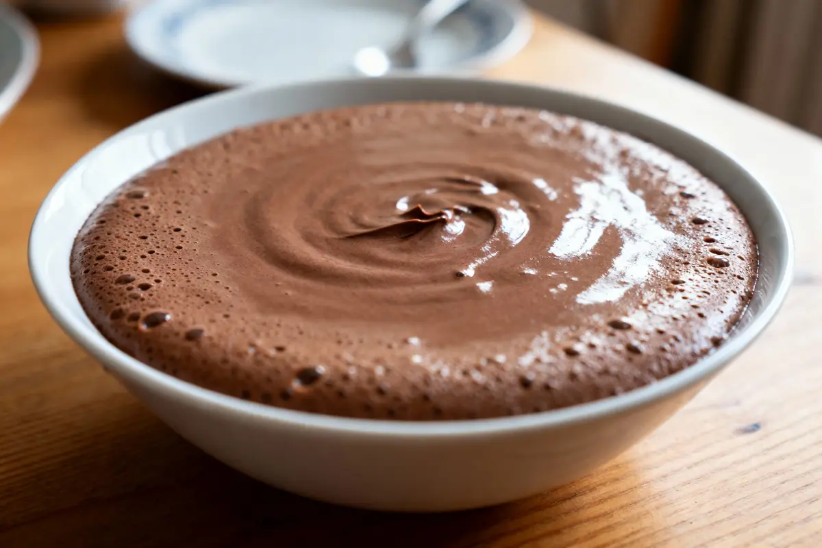 Bol de mousse au chocolat crémeuse sur une table en bois, fond flou.
