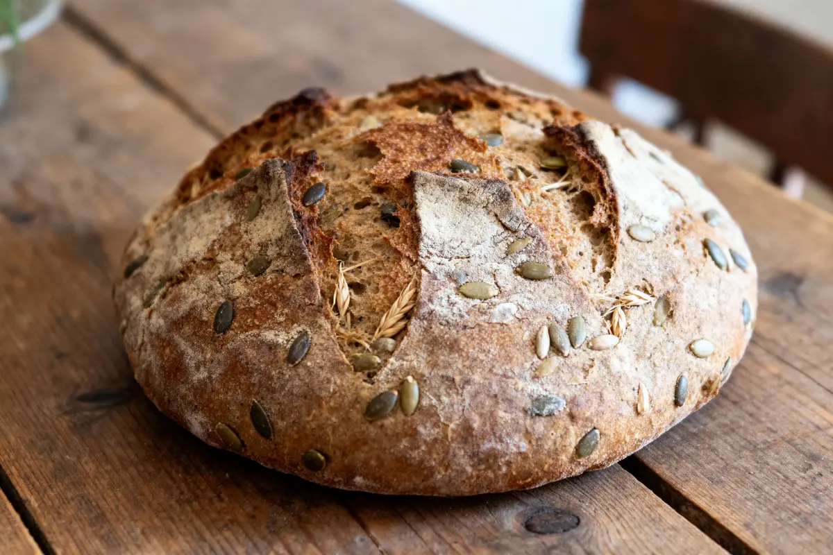 Pain artisanal rond aux graines, sur une table en bois, avec une croûte dorée et craquante.