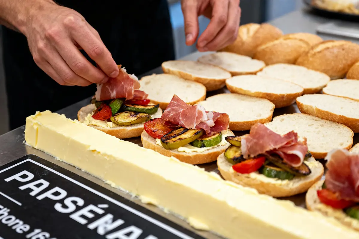 Personne préparant des sandwichs avec légumes, jambon et beurre sur pain, alignés sur une table.