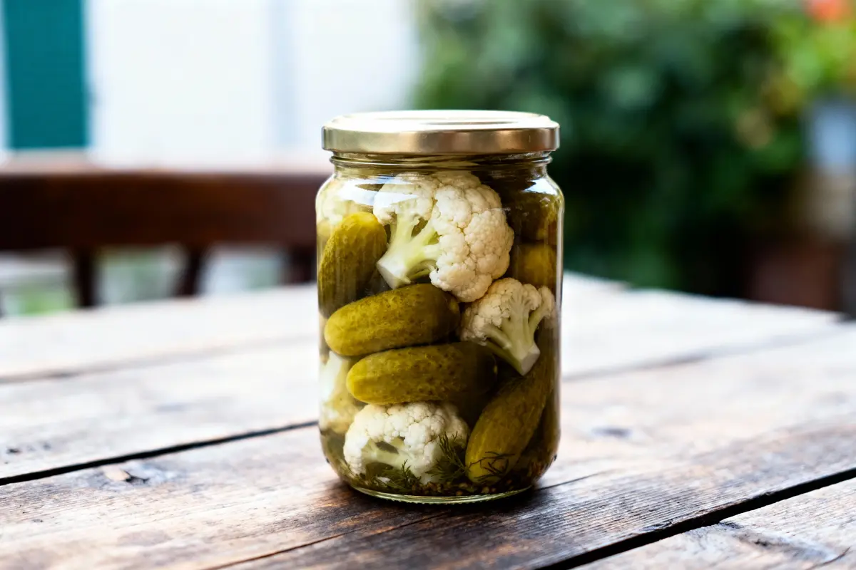 Bocal de cornichons et choux-fleurs marinés sur une table en bois, arrière-plan flou verdoyant.