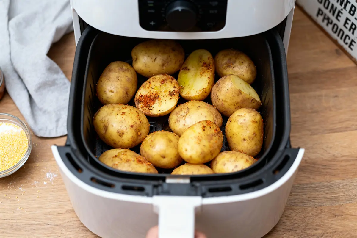 pexels-michal-pech-213601-757318 (1) Pommes de terre assaisonnées dans une friteuse à air sur table en bois, avec un chiffon et un bol.