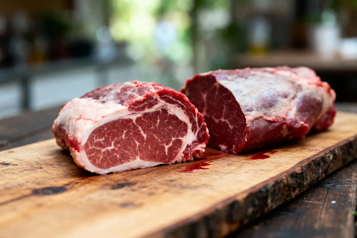 Deux morceaux de viande crue marbrée sur une planche à découper en bois, en cuisine.