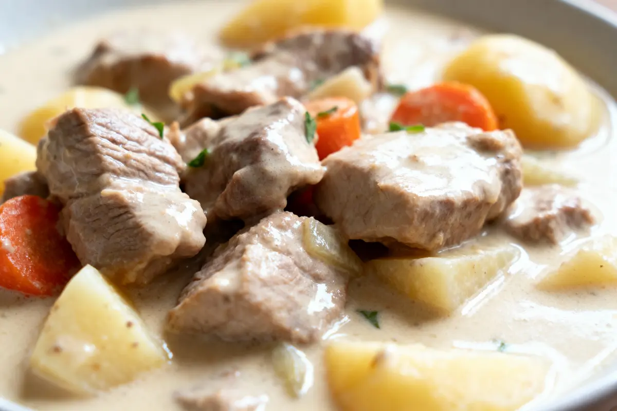 pexels-michal-pech-213601-757318 (1) Plat de viande en sauce crémeuse avec pommes de terre et carottes, servi sur assiette.