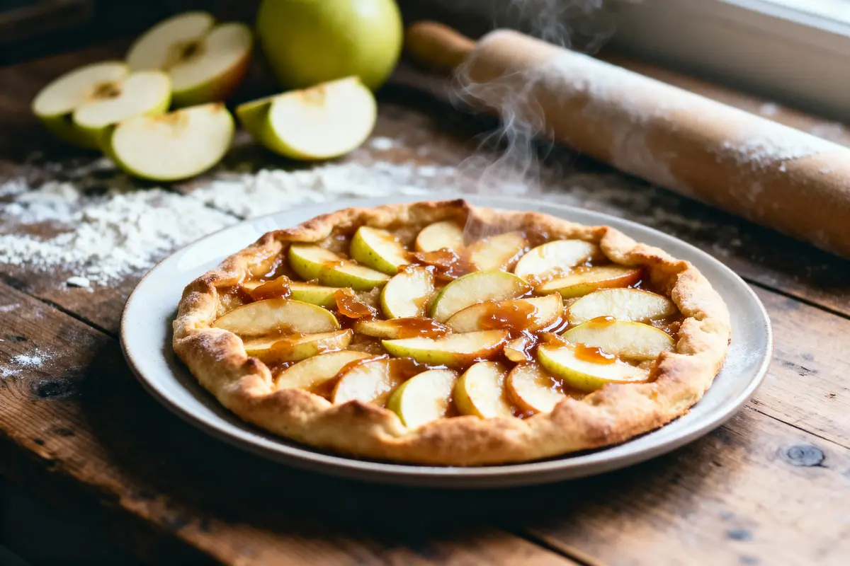 pexels-michal-pech-213601-757318 (1) Tarte aux pommes chaude sur assiette, table en bois, pommes tranchées, rouleau à pâtisserie en arrière-plan.