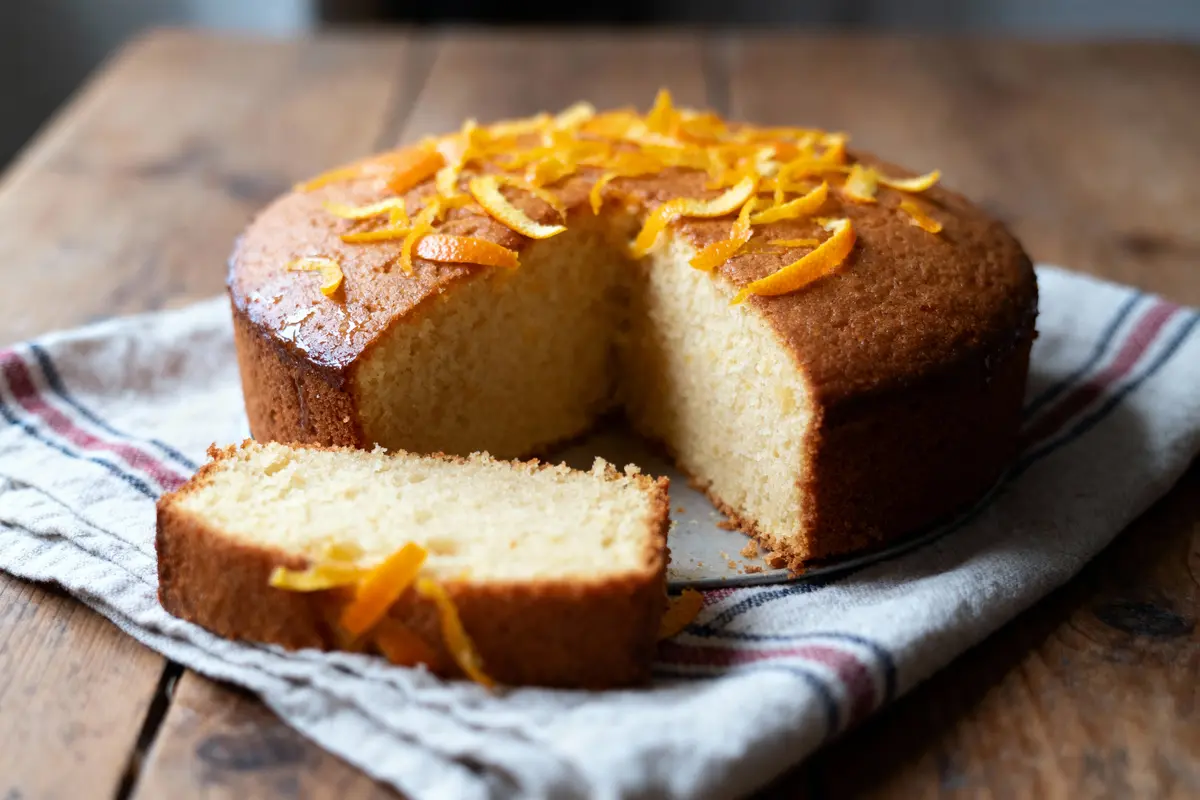 pexels-michal-pech-213601-757318 (1) Gâteau à l'orange décoré de zestes d'orange, part découpée, sur nappe rayée en bois.