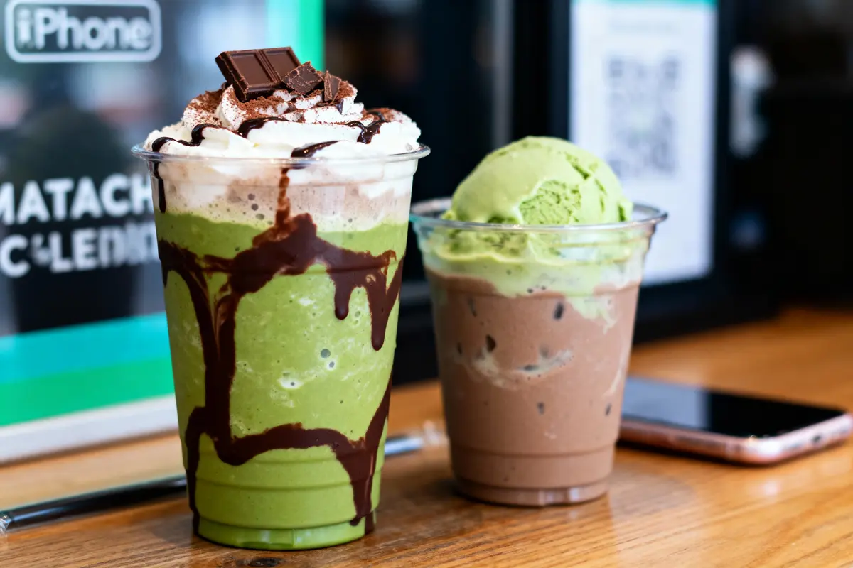 Deux boissons glacées au matcha et chocolat, garnies de crème, servies sur une table en bois.
