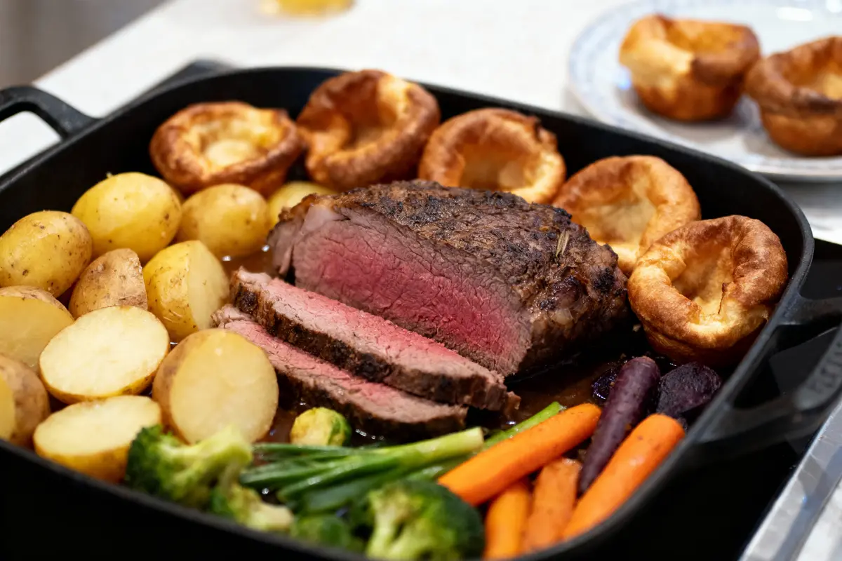 pexels-michal-pech-213601-757318 (1) Plat de rôti de bœuf avec pommes de terre, légumes et pudding Yorkshire doré.