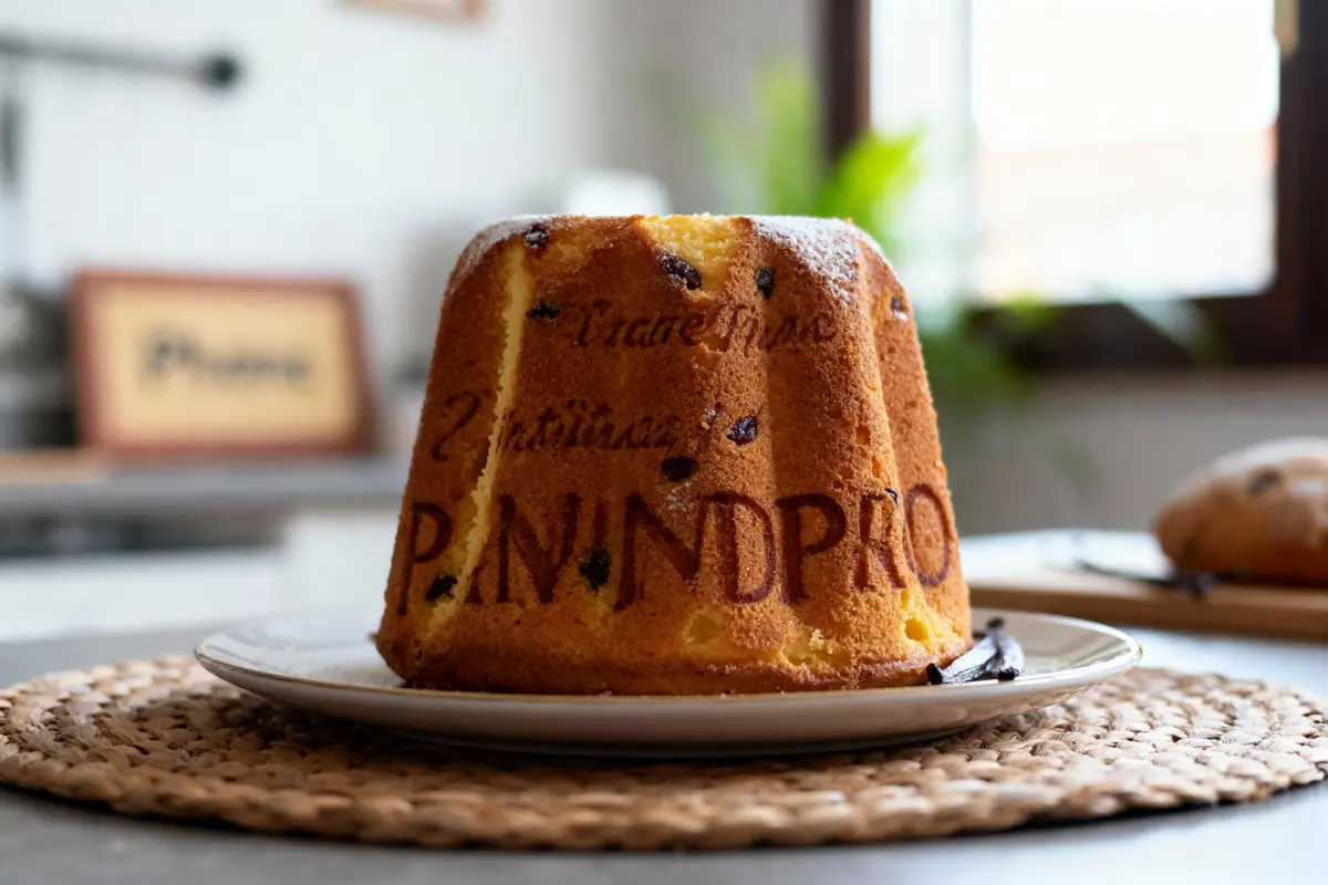 Gâteau pandoro décoré, posé sur assiette, intérieur cuisine, dessert italien traditionnel avec raisins secs.