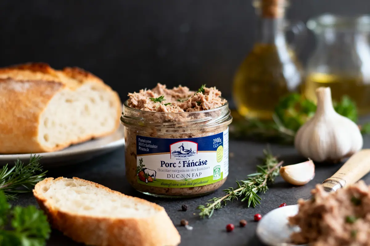 pexels-michal-pech-213601-757318 (1) Pot de rillettes de porc sur une table avec pain, herbes, huile et ail en arrière-plan.
