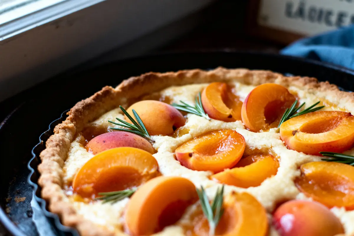 pexels-michal-pech-213601-757318 (1) Tarte aux abricots, branches de romarin, croûte dorée, vue près d'une fenêtre. Décoration simple et appétissante.