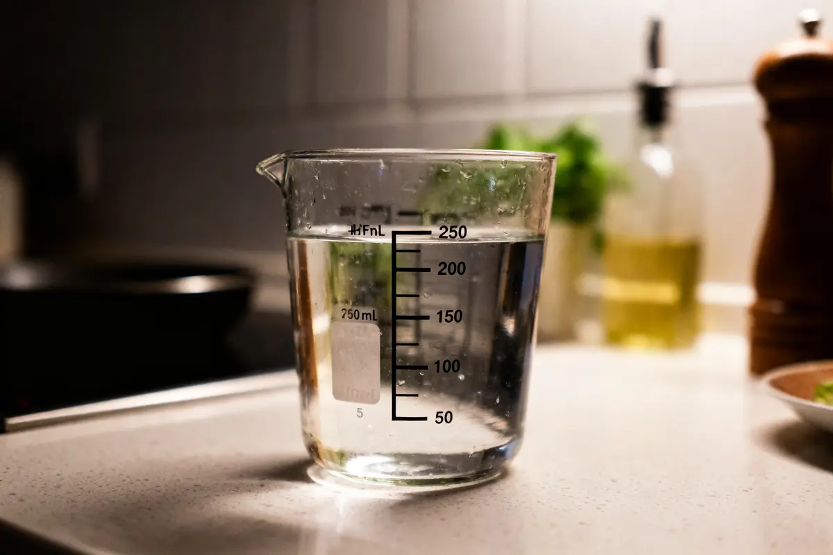 Verre doseur rempli d'eau à 250 mL sur plan de travail de cuisine faiblement éclairé.