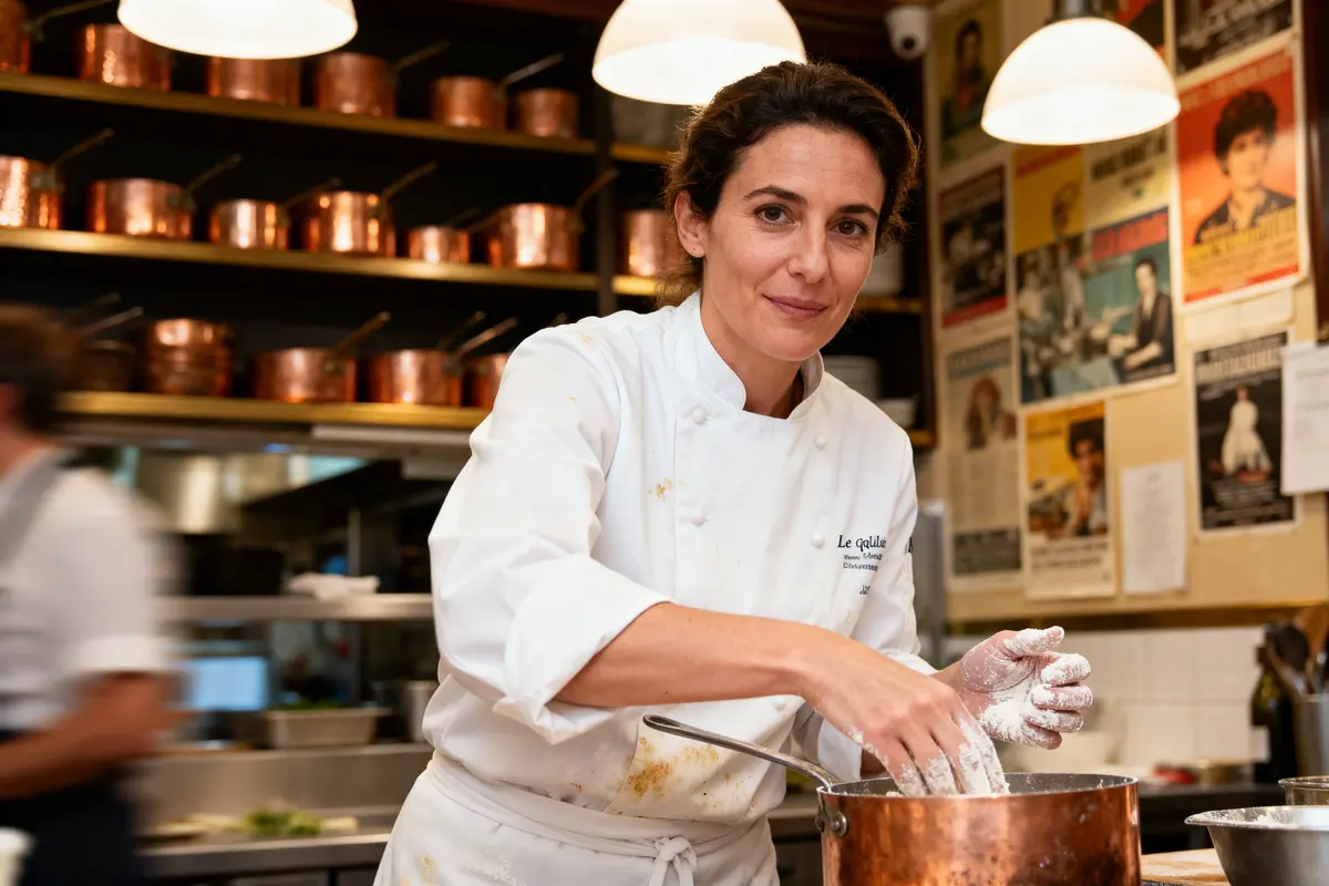 Chef cuisinier en uniforme blanc préparant un plat dans une cuisine avec des casseroles en cuivre en arrière-plan.