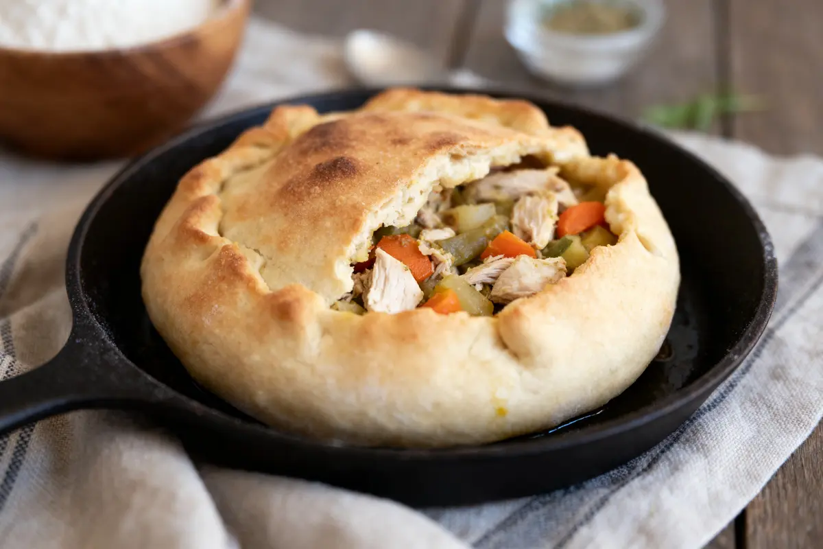 pexels-michal-pech-213601-757318 (1) Tourte ouverte avec légumes et viande, dans une poêle en fonte sur nappe grise.