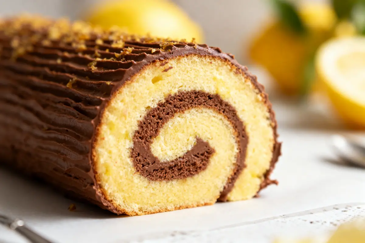 pexels-michal-pech-213601-757318 (1) Gâteau roulé au chocolat, crème au beurre, décoré, en tranches, fond flou, citrons en arrière-plan.