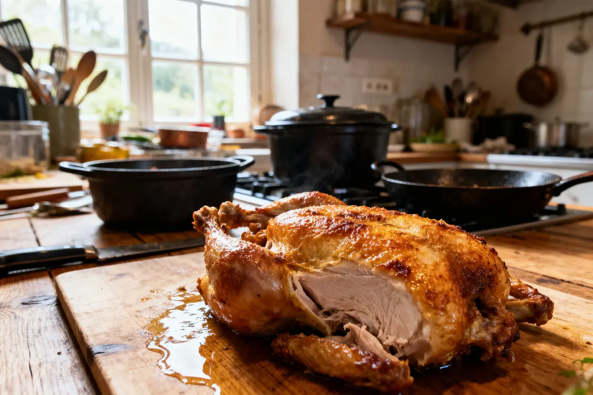 Poulet rôti juteux sur plan de travail en bois dans une cuisine bien éclairée, ustensiles en arrière-plan.