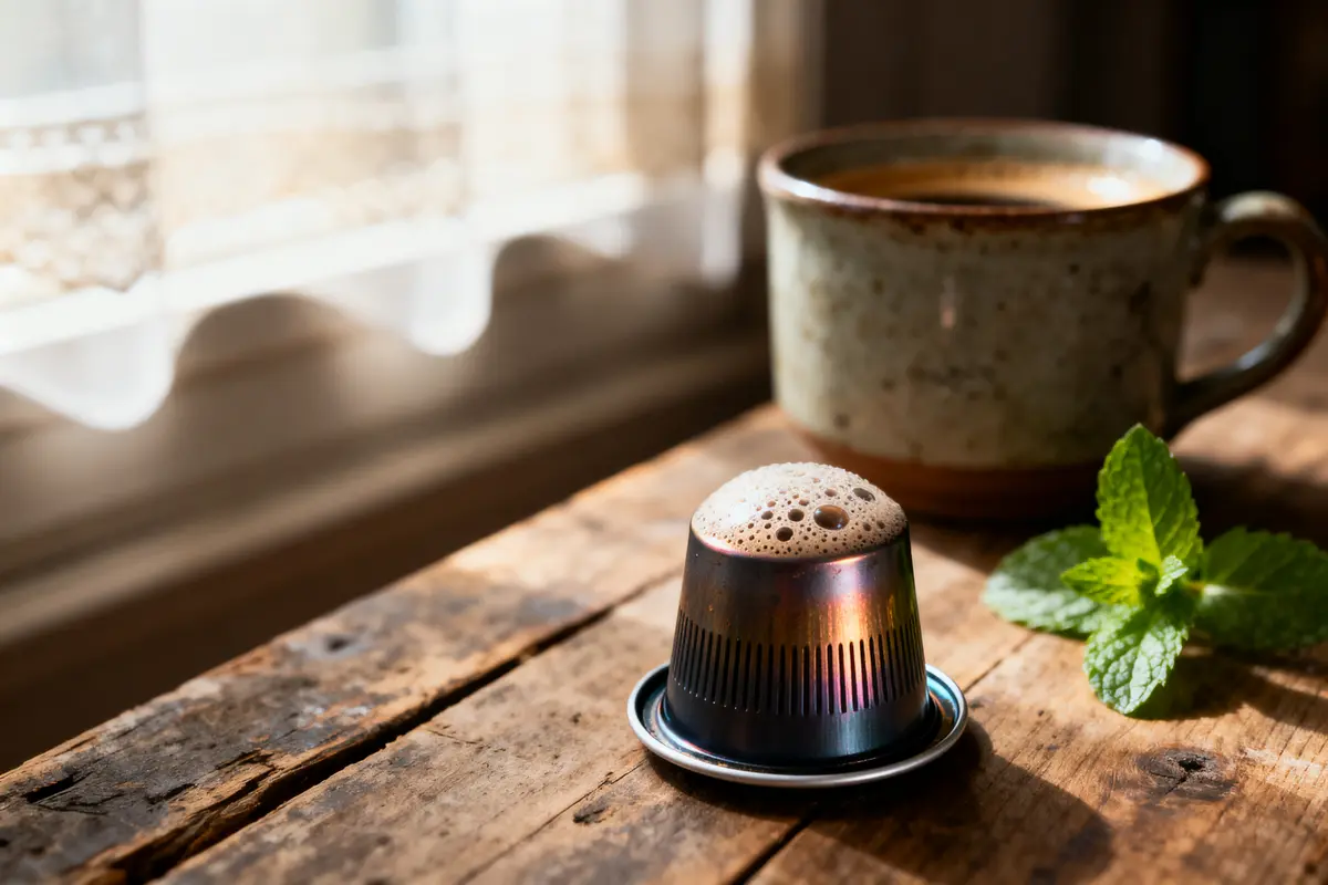 pexels-michal-pech-213601-757318 (1) Capsule de café sur table en bois, avec tasse en céramique et feuilles de menthe, éclairage doux.