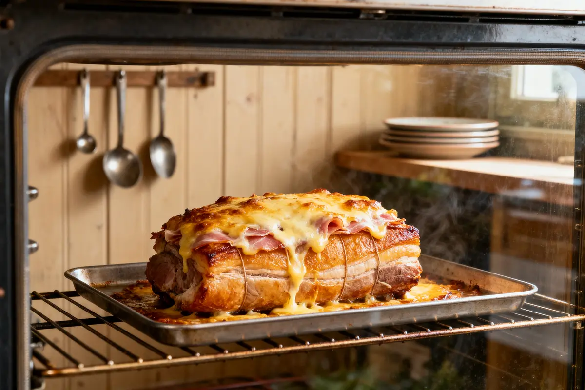 pexels-michal-pech-213601-757318 (1) Rôti de porc gratiné au fromage et jambon, dans le four, avec ustensiles et assiettes en arrière-plan.