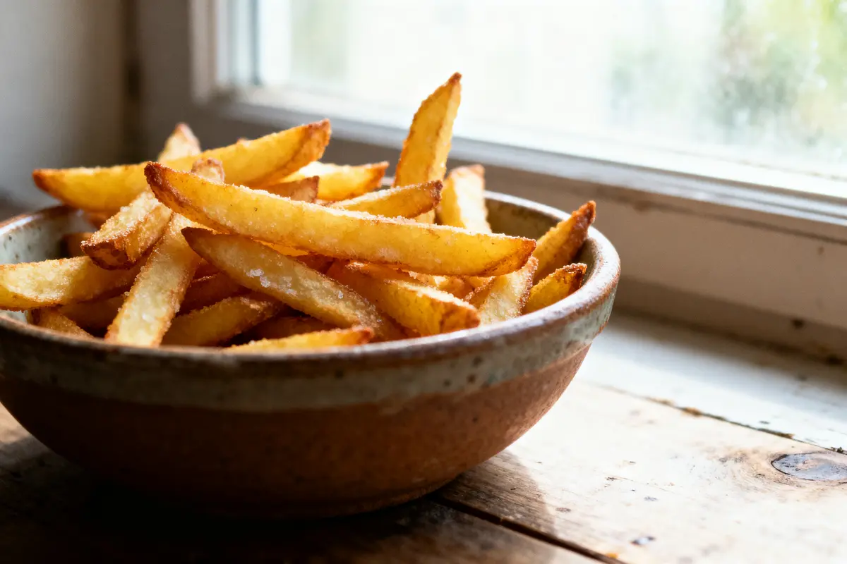 pexels-michal-pech-213601-757318 (1) Bol en céramique rempli de frites dorées, posé sur une table en bois près d'une fenêtre.